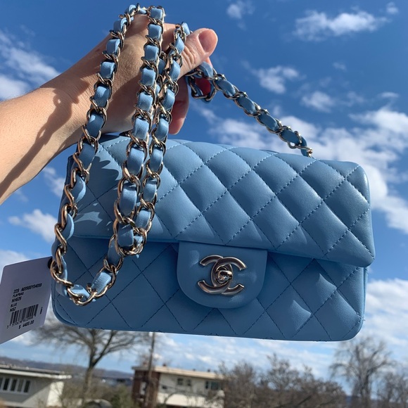 22S CHANEL  Blue Classic Mini Flap Bag Lambskin Rectangular 2022 GHW NWT - Picture 7 of 15